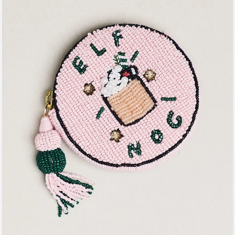 Anthropologie “ELF NOG” Nephthys Illustrated Beaded Disc Round Zip Coin Purse.
